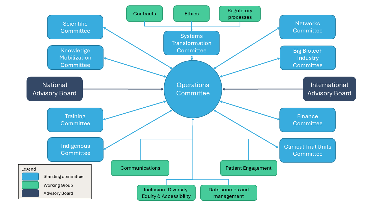 Diagram showing ACT's governance structure - the central group is the Operations committee. There are national and international advisory boards, and 16 other committees and working groups.
